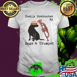 Easily distracted by dogs and trumpet shirt