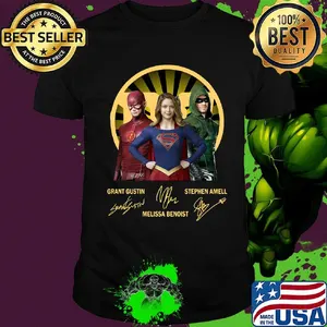 Flash supergirl and arrow grant gustin melissa benoist stephen amell signatures shirt