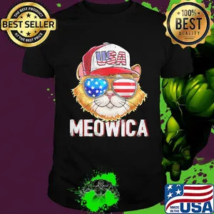 Meowica Cat Hat Sunglasses USA American Flag Independence Day Shirt
