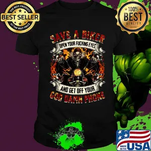Official Save A Biker God Damn Phone Devil Fire Shirt