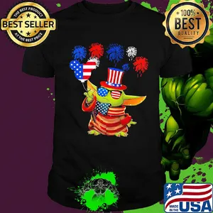 Star wars baby yoda holding balloon mickey mouse firework american flag independence day shirt