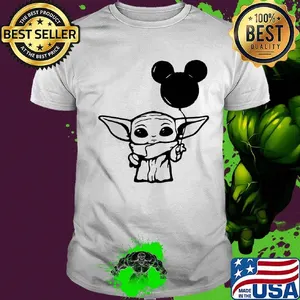 Baby yoda holding balloon mickey mouse shirt
