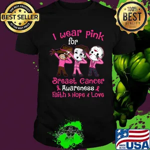 Halloween horror characters i wear pink for breast cancer awareness faith hope love shirt
