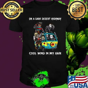 Halloween horror characters on a dark desert highway cool wind in my hair shirt