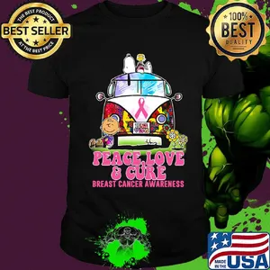 Hippie bus snoopy and charlie brown peace love and cure breast cancer awareness shirt