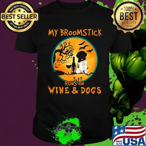 My broomstick runs on wine and dogs halloween moon shirt