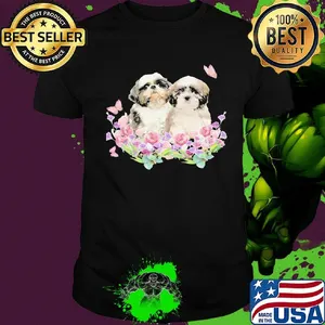 Shih Tzu couple butterfly flowers shirt