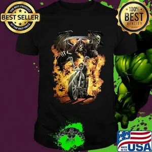 Skeleton death riding motorcycle fire shirt