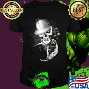 Skeleton holding guinness beer logo shirt