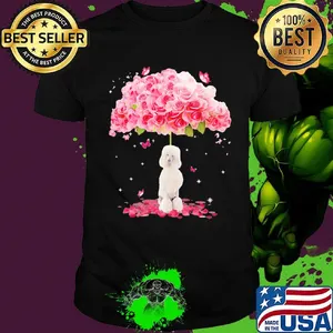 White dog standing under the big rose shirt