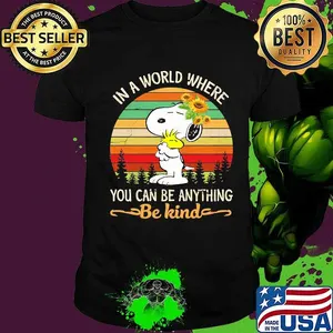 Snoopy and woodstock sunflower in a world where you can be anything be kind vintage retro shirt