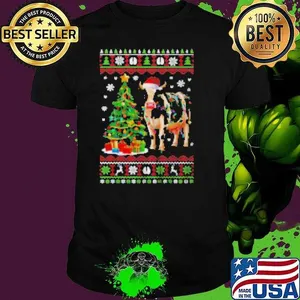Cute Cow Ugly Christmas Tree Santa Hat Xmas Lights Farmer Shirt