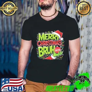 Merry Christmas Bruh Green Hand Santa Hat Xmas Family Pjs Shirt