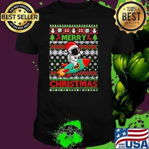 Merry Ugly Christmas Santa Hat Astronaut Riding Rocket Xmas Shirt