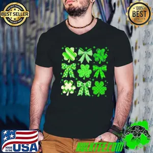 Retro St.Patricks Day Lucky Shamrock Coquette Bow Girl Women Shirt