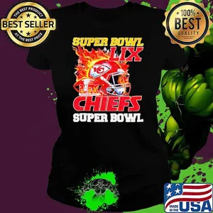 Super Bowl 2025 LIX Champions helmet on fire Chiefs shirt