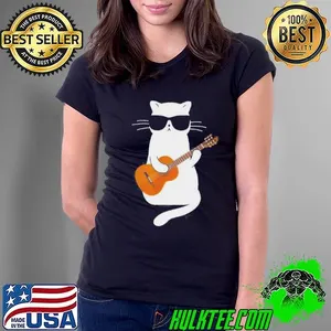 Cute Cool Glasses White Cat Playing Guitar Shirt