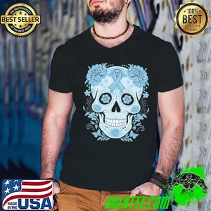 Sugar Skull Light Blue Ribbon Prostate Cancer Awareness T-Shirt