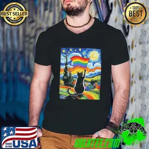 Cat holding Pride flag Vincent van Gogh shirt